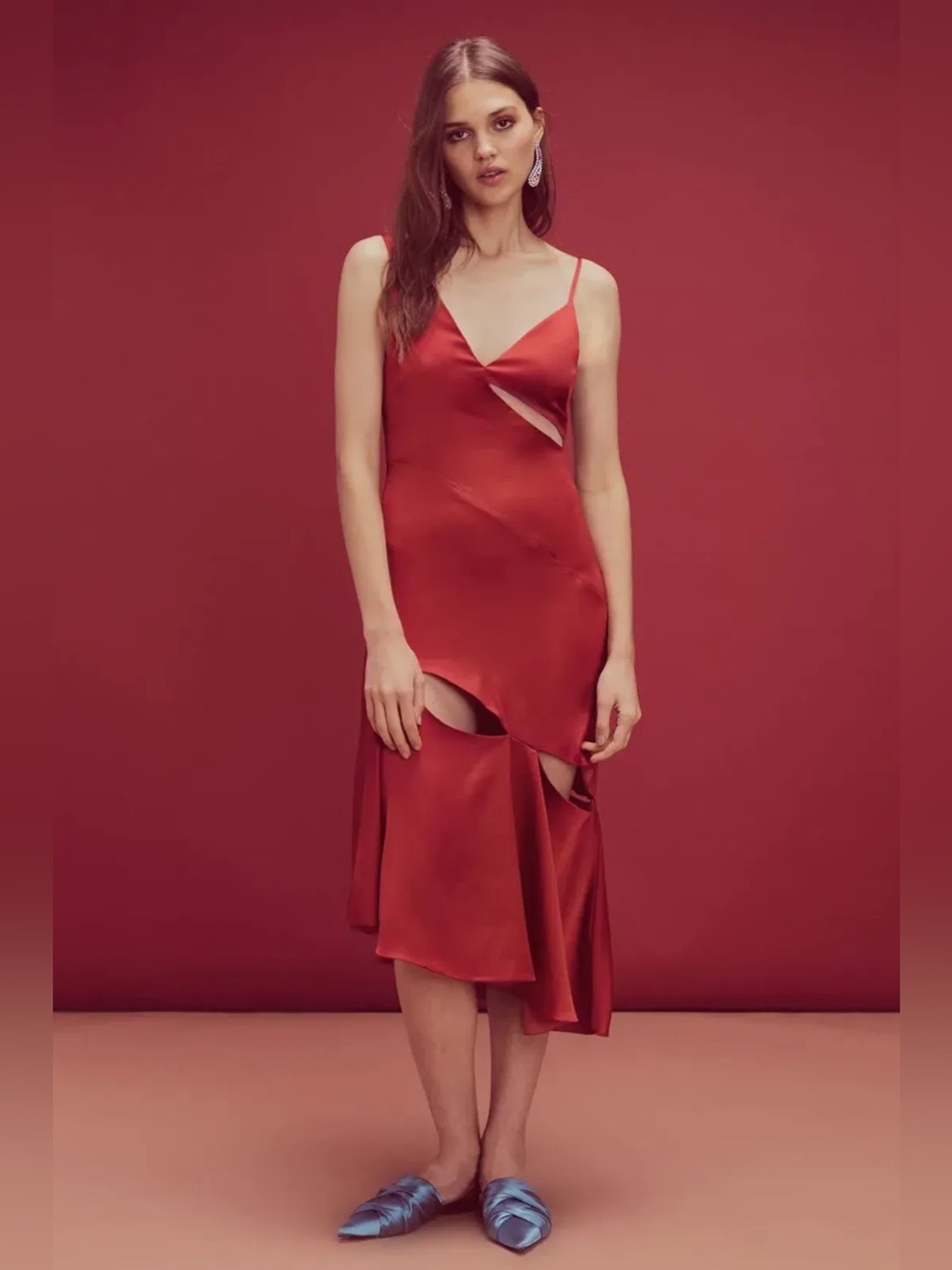 NWT For Love & Lemons Liv Cut Satin Maxi Dress Red Burnt Sienna Orange Wmns Sz M